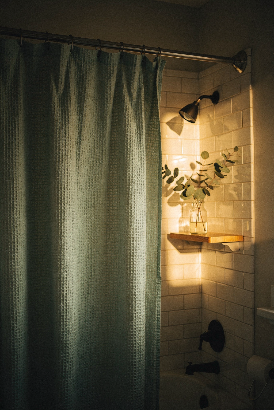 Bathroom with sage green fabric shower curtain, natural light, textured towels, wooden accessories, moody cinematic interior photography