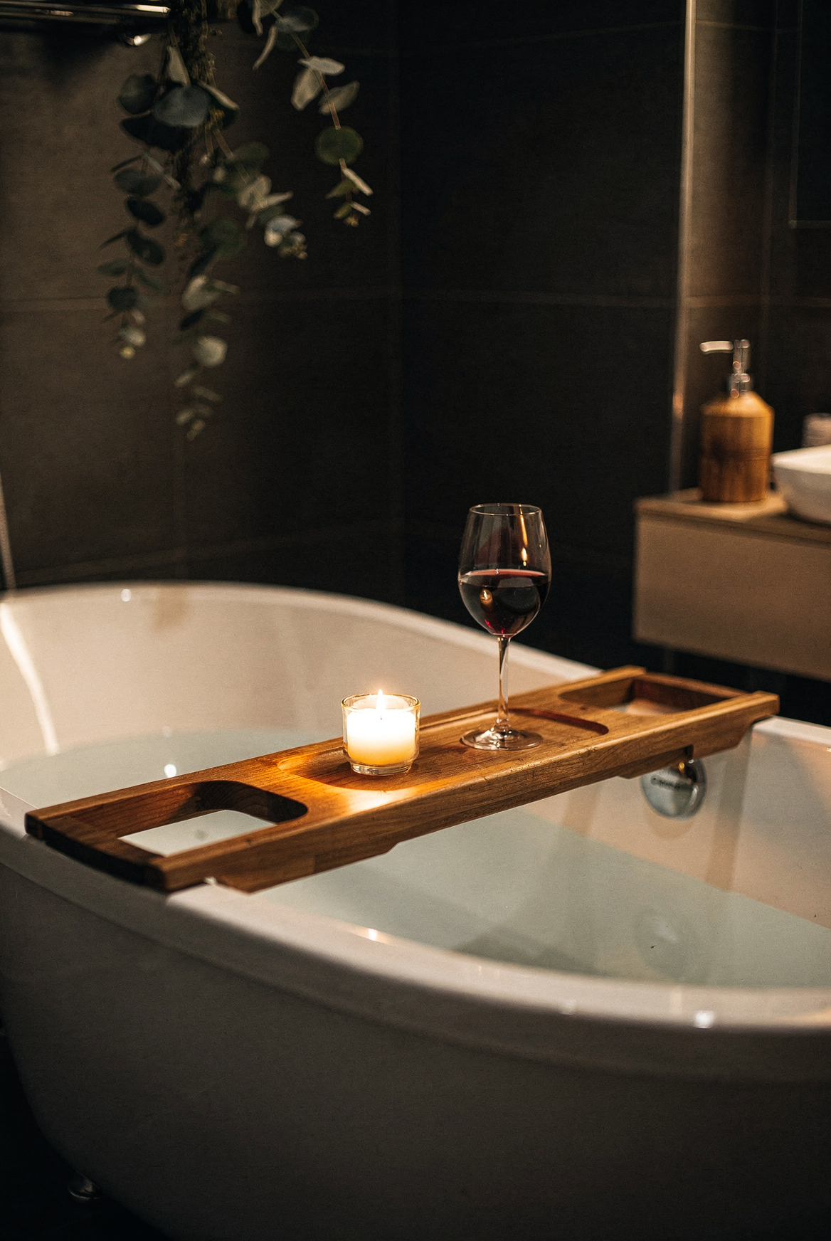 Wooden teak bathtub tray with candles and eucalyptus, moody bathroom lighting, cinematic photography