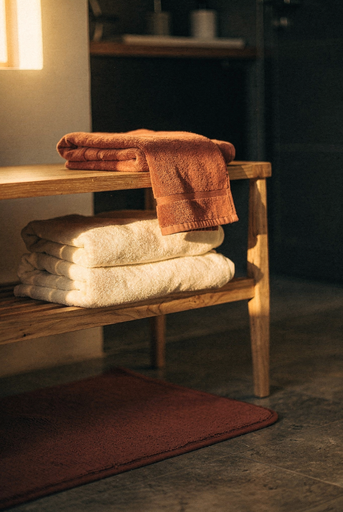 Layered towels in cream and terracotta on wooden shelf, bathroom with warm lighting, moody cinematic interior