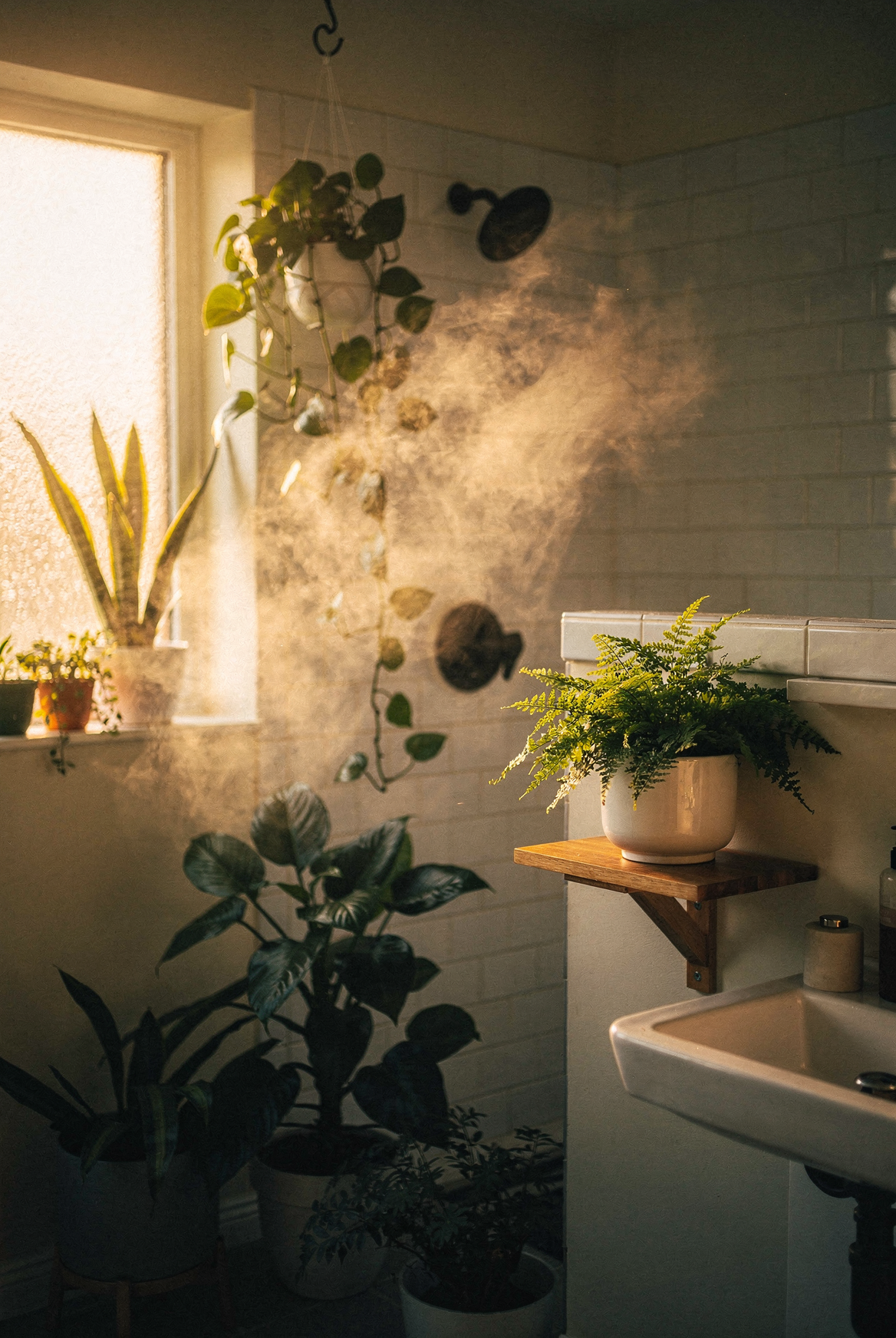 Bathroom with hanging pothos plant, snake plant on windowsill, warm natural light, moody cinematic interior photography