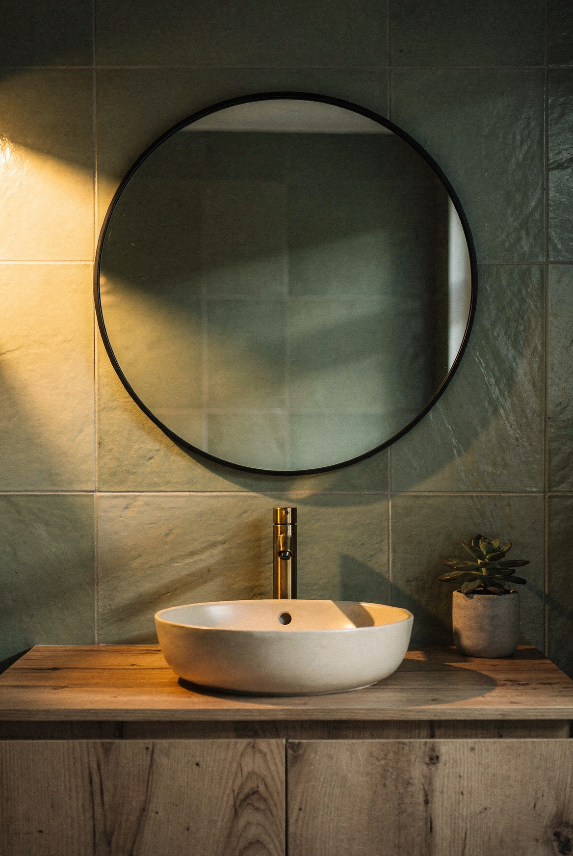 Round black framed mirror above wooden vanity, moody bathroom, warm golden side light, cinematic interior photography