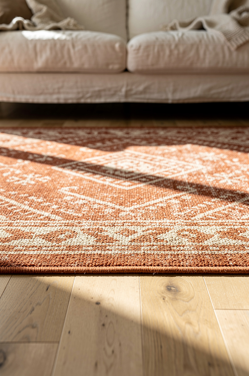 A vintage-style boho area rug in terracotta and cream tones on a light wood floor, neutral linen sofa above, warm natural light, editorial interior photography