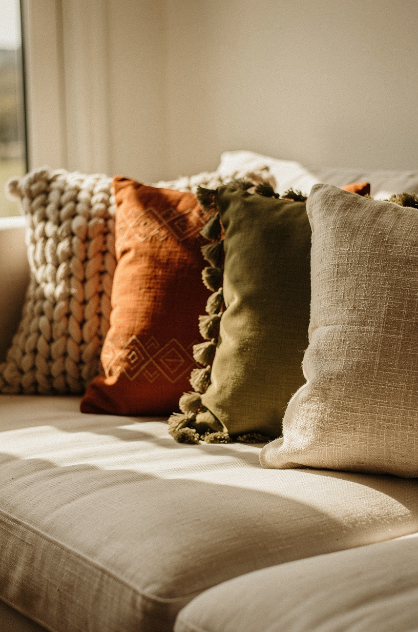 Four boho throw pillows on a cream sofa — one chunky knit cream, one rust orange embroidered, one olive green tassel, one beige linen — layered together, warm afternoon light