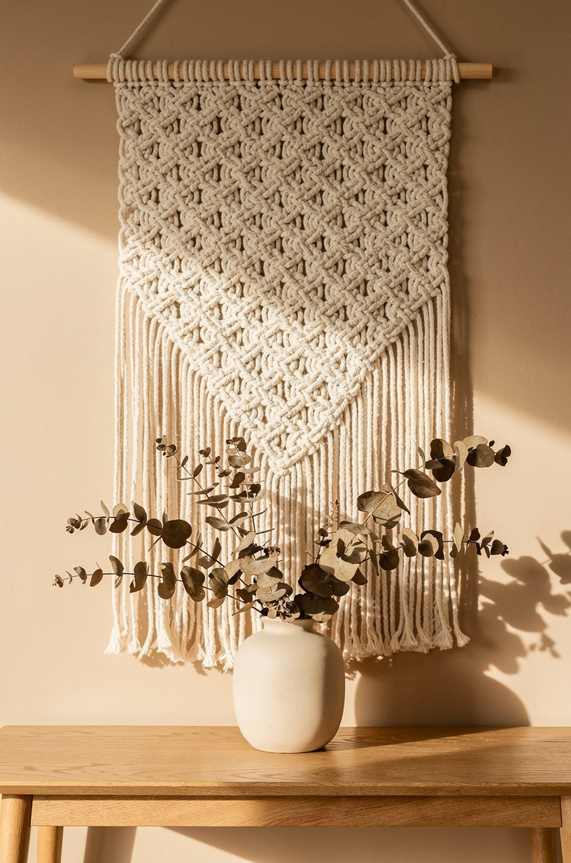 Large cream macrame wall hanging with intricate knot patterns on a warm beige wall, dried eucalyptus stems in a ceramic vase on a console table below, soft natural light