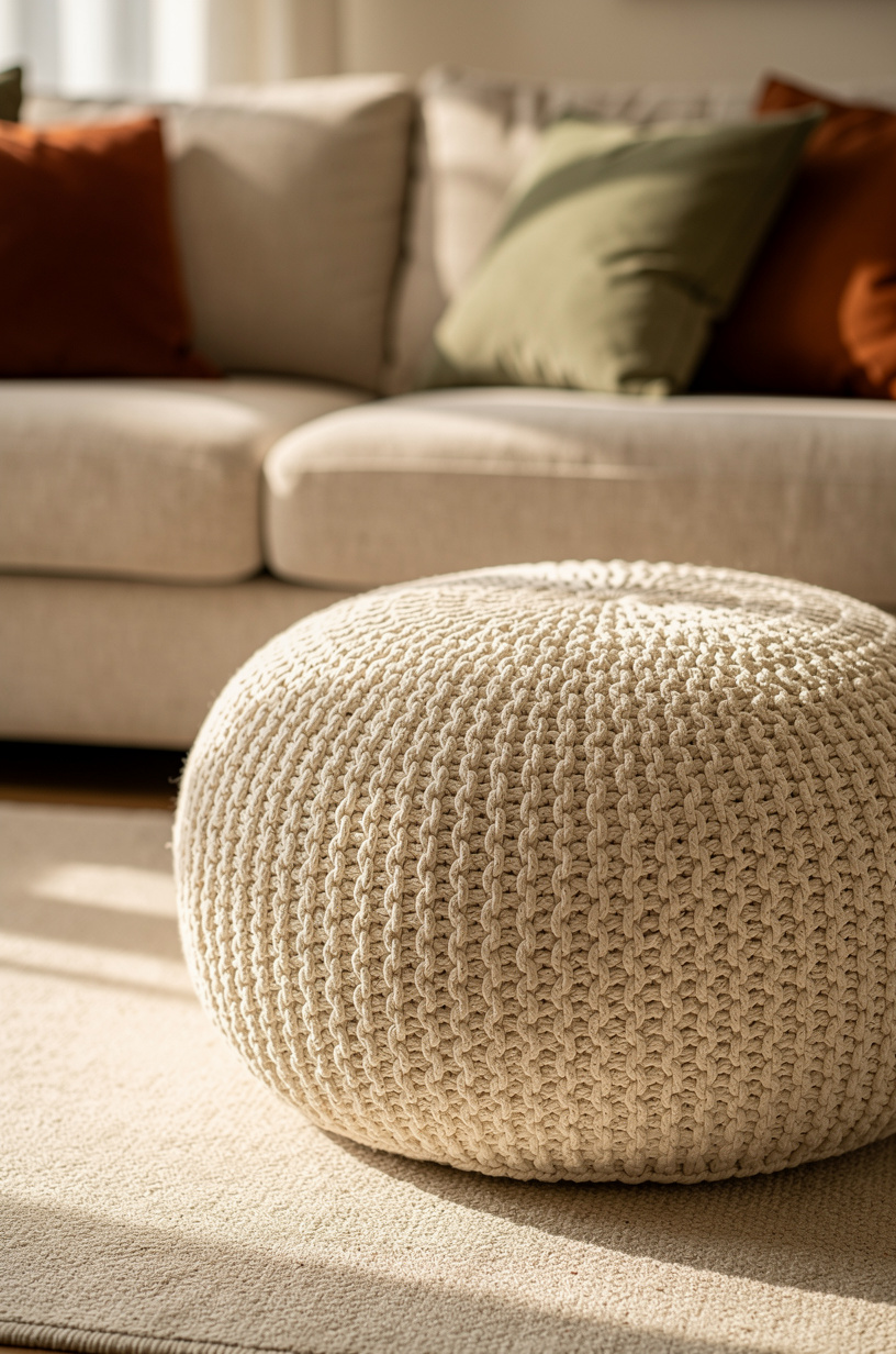 A round cream knitted cotton pouf ottoman beside a sofa with boho pillows, natural light, warm earthy living room, editorial interior photo