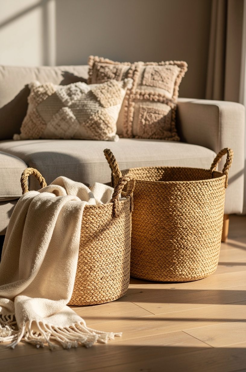 Two large natural seagrass woven storage baskets with handles, one with cream throw blankets visible, beside a neutral sofa in a boho living room, warm natural light