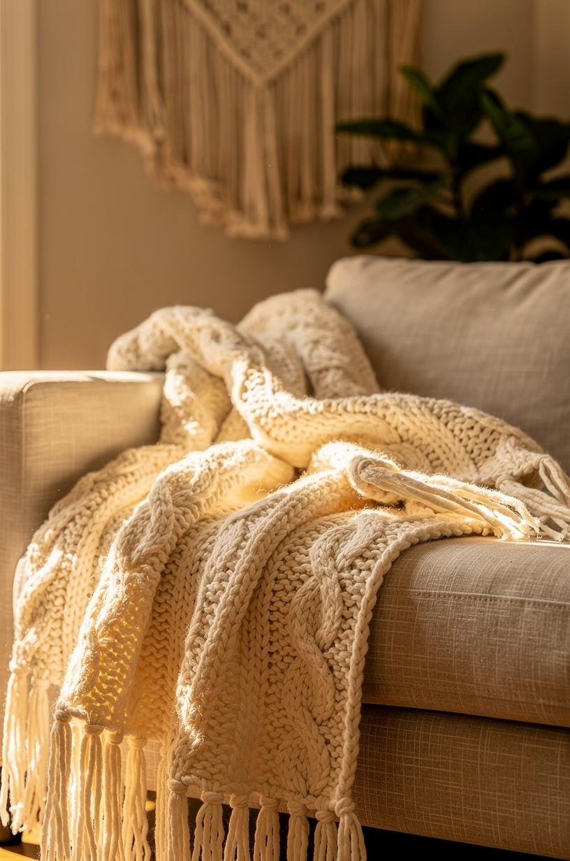 A cream chunky knit throw blanket with fringe edges draped over a beige linen sofa, boho living room setting with macrame and plants, warm afternoon light