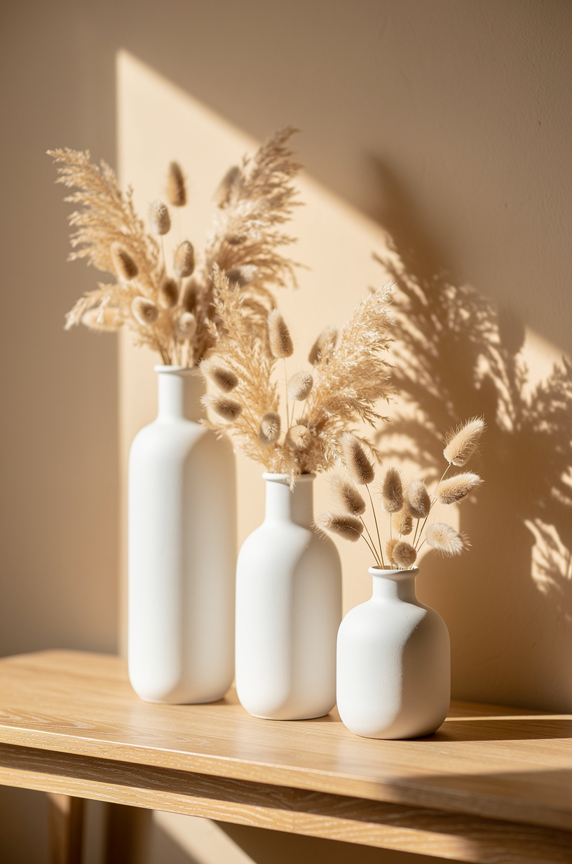 White matte ceramic vases in three heights with dried pampas grass and bunny tails on a wooden console table, beige wall with macrame hanging above, boho living room