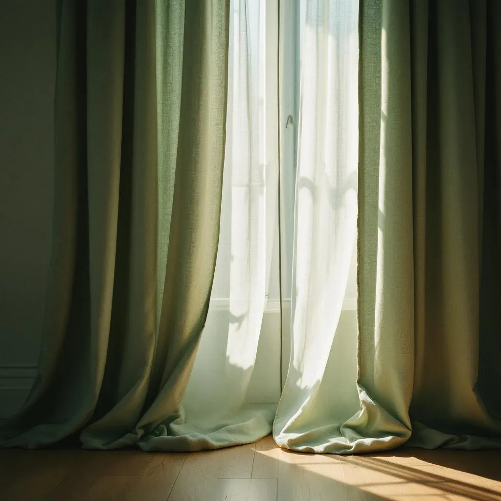 Living room with sage green curtains pooling on floor, warm golden afternoon light streaming through, moody interior photography