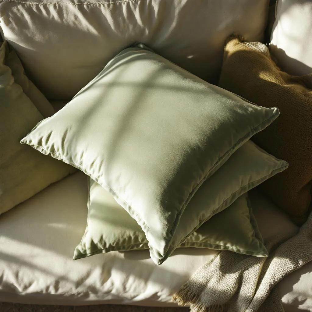 Sage green velvet pillows stacked on cream sofa, layered textures, warm living room lighting, moody interior photography