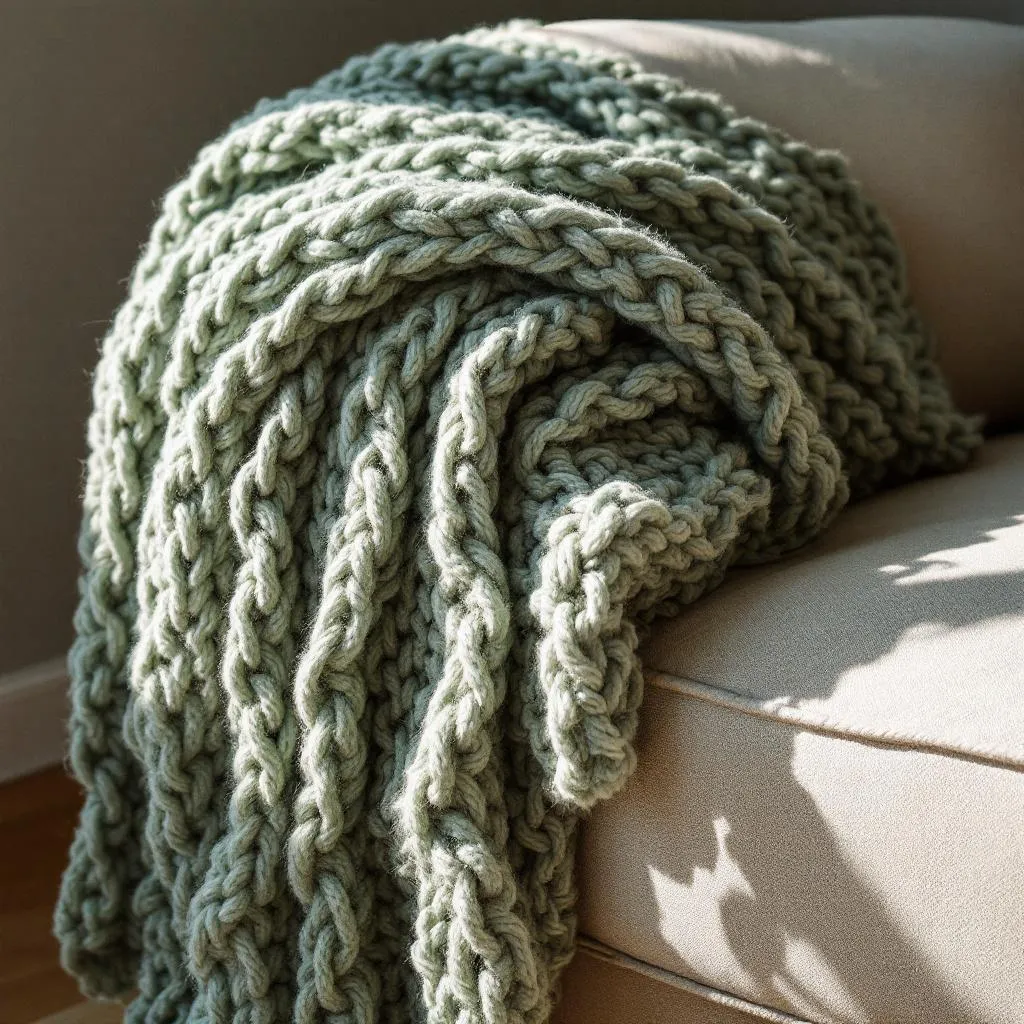 Sage green chunky knit throw blanket draped over arm of beige sofa, textured pillows, cozy moody living room