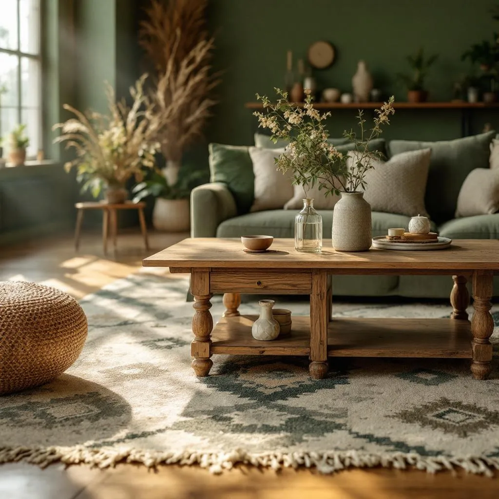 Sage and ivory oriental rug under wooden coffee table, green walls, cozy living room with layered textures
