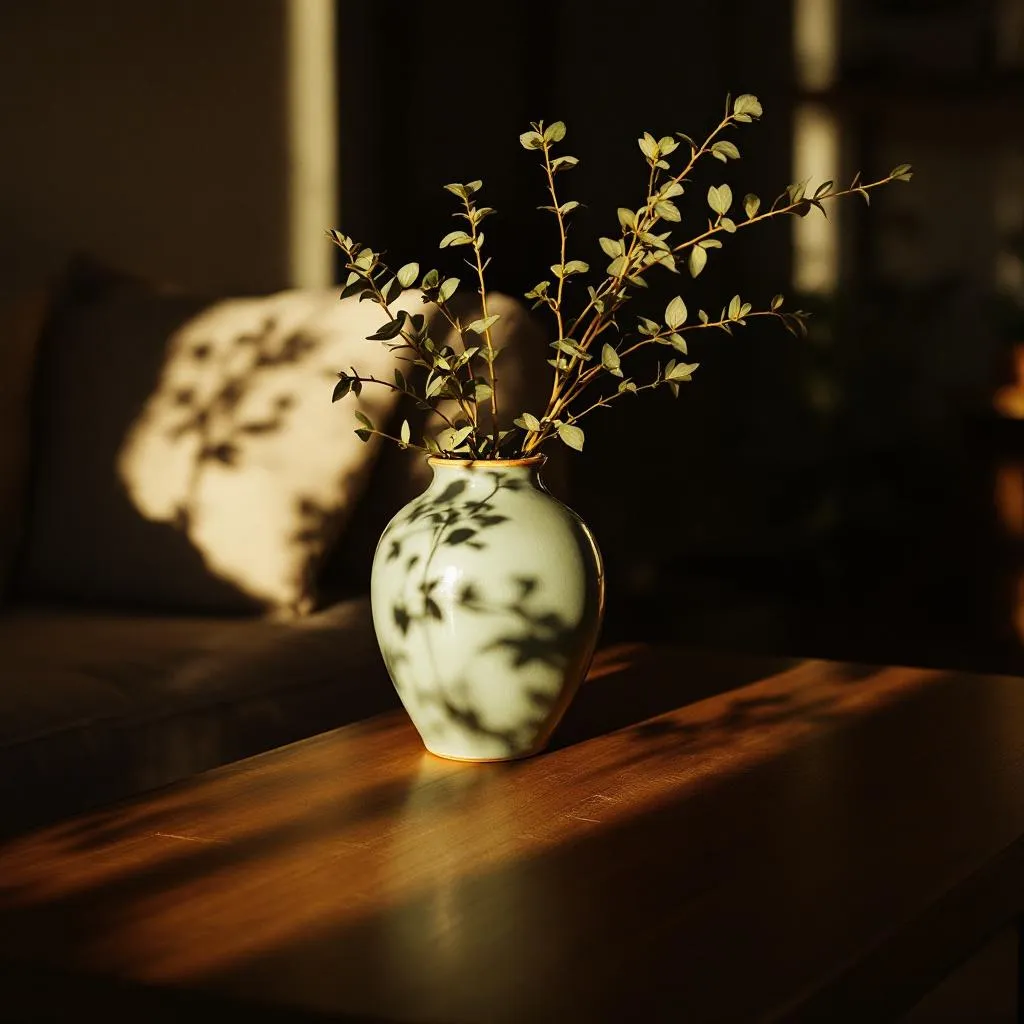 Ceramic sage green vase with dried eucalyptus on wooden coffee table, warm natural lighting, interior photography