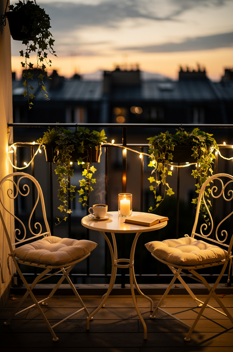 Beautiful small balcony with fairy lights and trailing ivy, white chairs with cream cushions