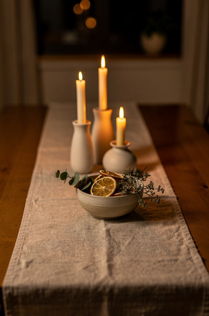 Dining table centerpiece with linen runner, ceramic candle holders, dried lemons and eucalyptus
