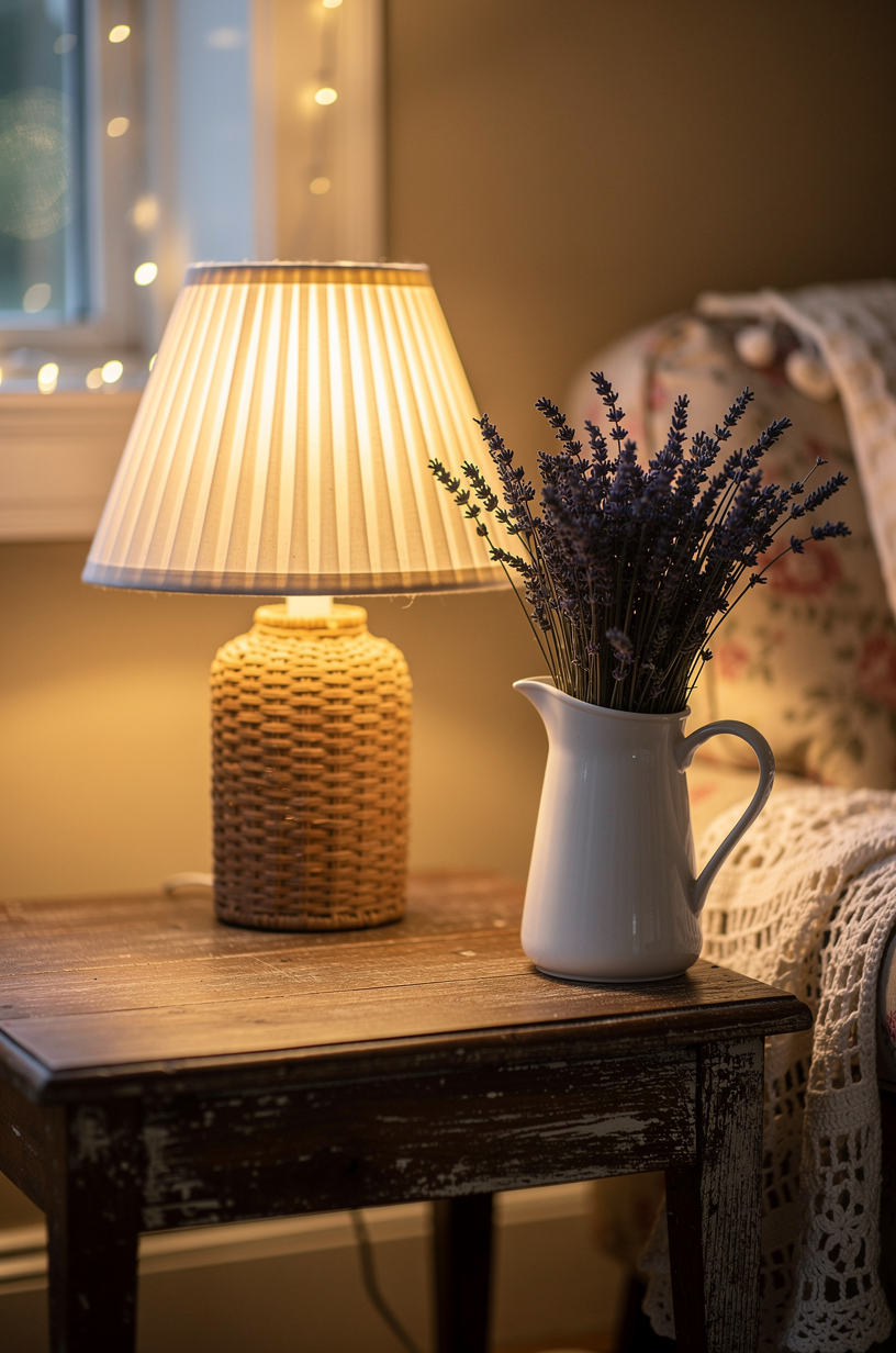 Pleated cream lampshade table lamp with rattan base on a vintage wooden side table