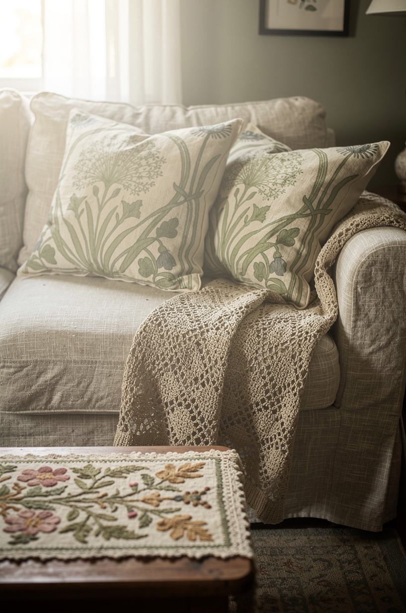 Linen sofa with floral botanical pillow covers and crochet throw blanket draped over the arm