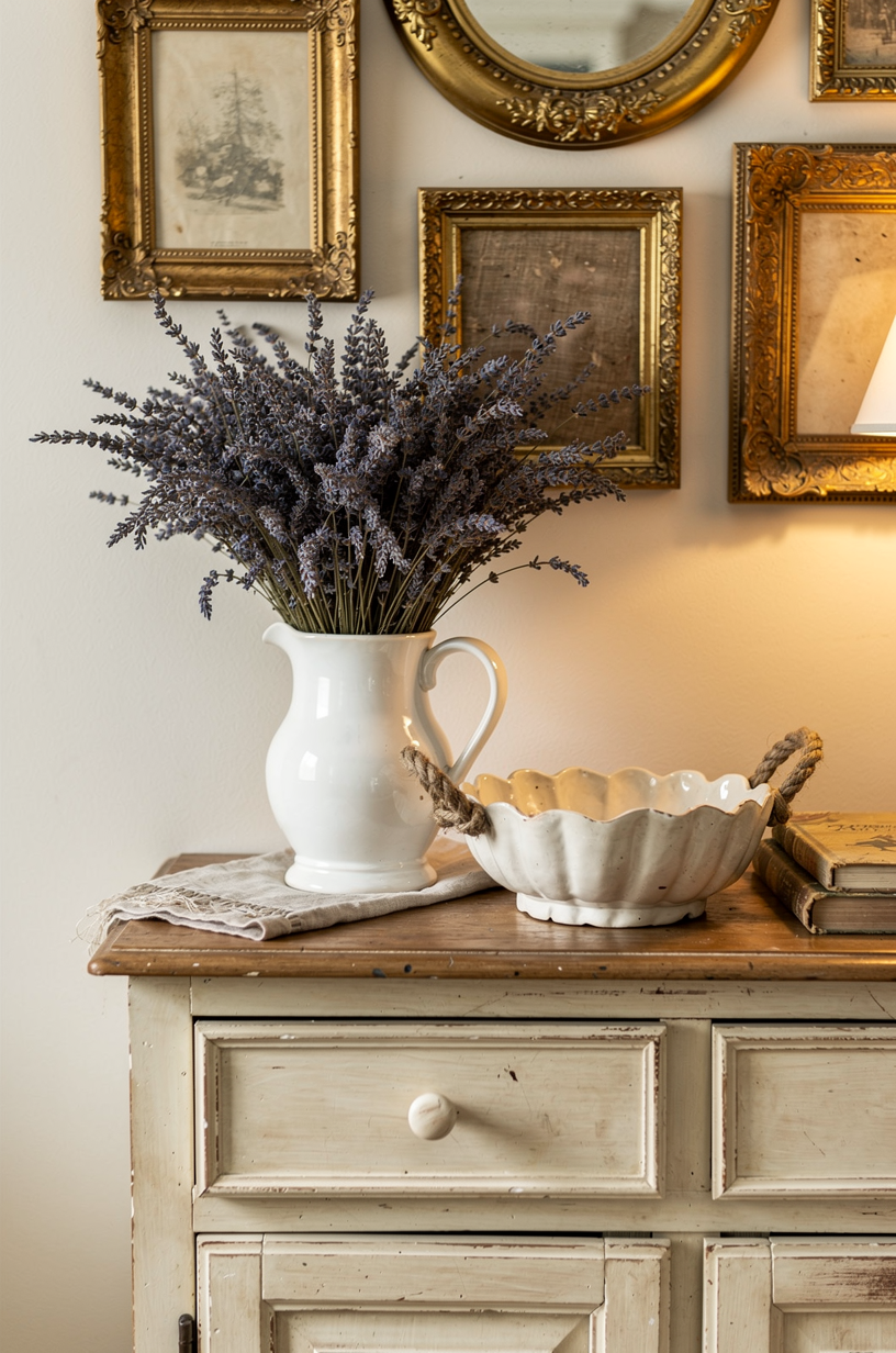 Styled sideboard with white ceramic pitcher, dried lavender, scalloped bowl, and gold frames on wall