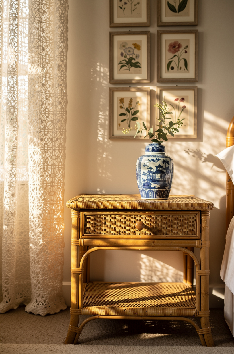 Rattan cane side table with blue and white chinoiserie vase, botanical prints, and crochet curtains