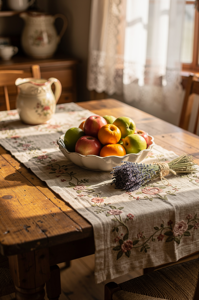 Styled wooden table with embroidered floral runner, scalloped bowl, and dried lavender