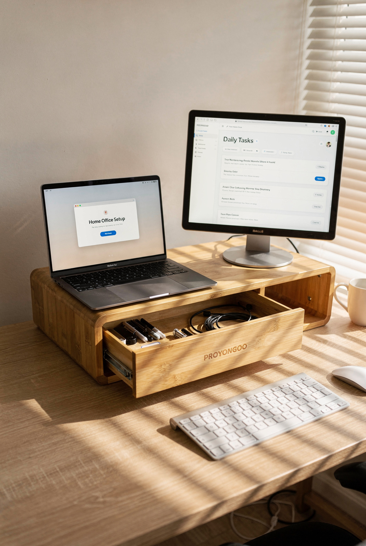 A natural bamboo monitor riser with small drawer on a light oak desk, laptop and monitor placed on top, succulent beside it, warm morning light streaming through blinds, editorial home office photography