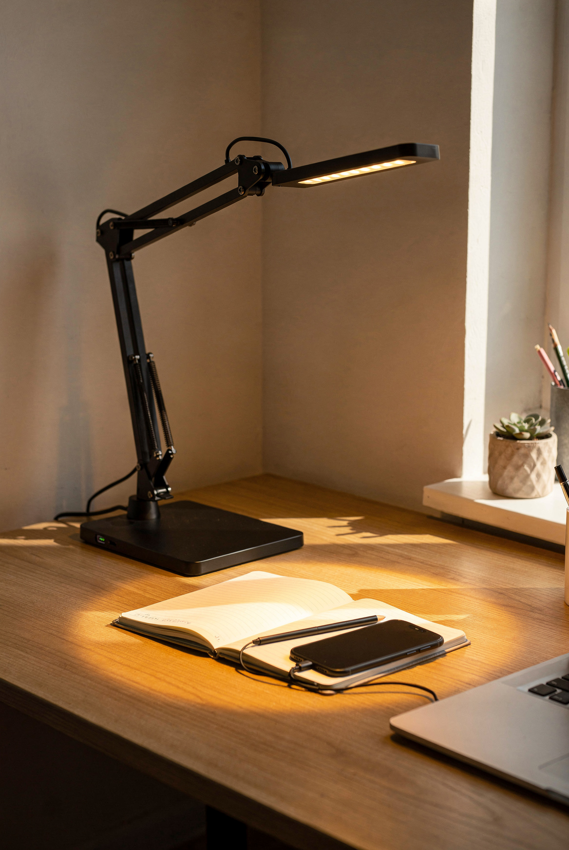 A matte black adjustable LED desk lamp casting warm amber light onto an open notebook on a wooden desk, late afternoon summer light, cozy desk corner, editorial product photography