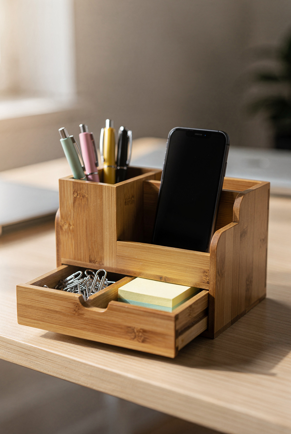A bamboo desk organizer with multiple compartments holding pens, a small notebook, and a phone, on a light wood desk, soft natural afternoon light, warm neutral palette, editorial still life