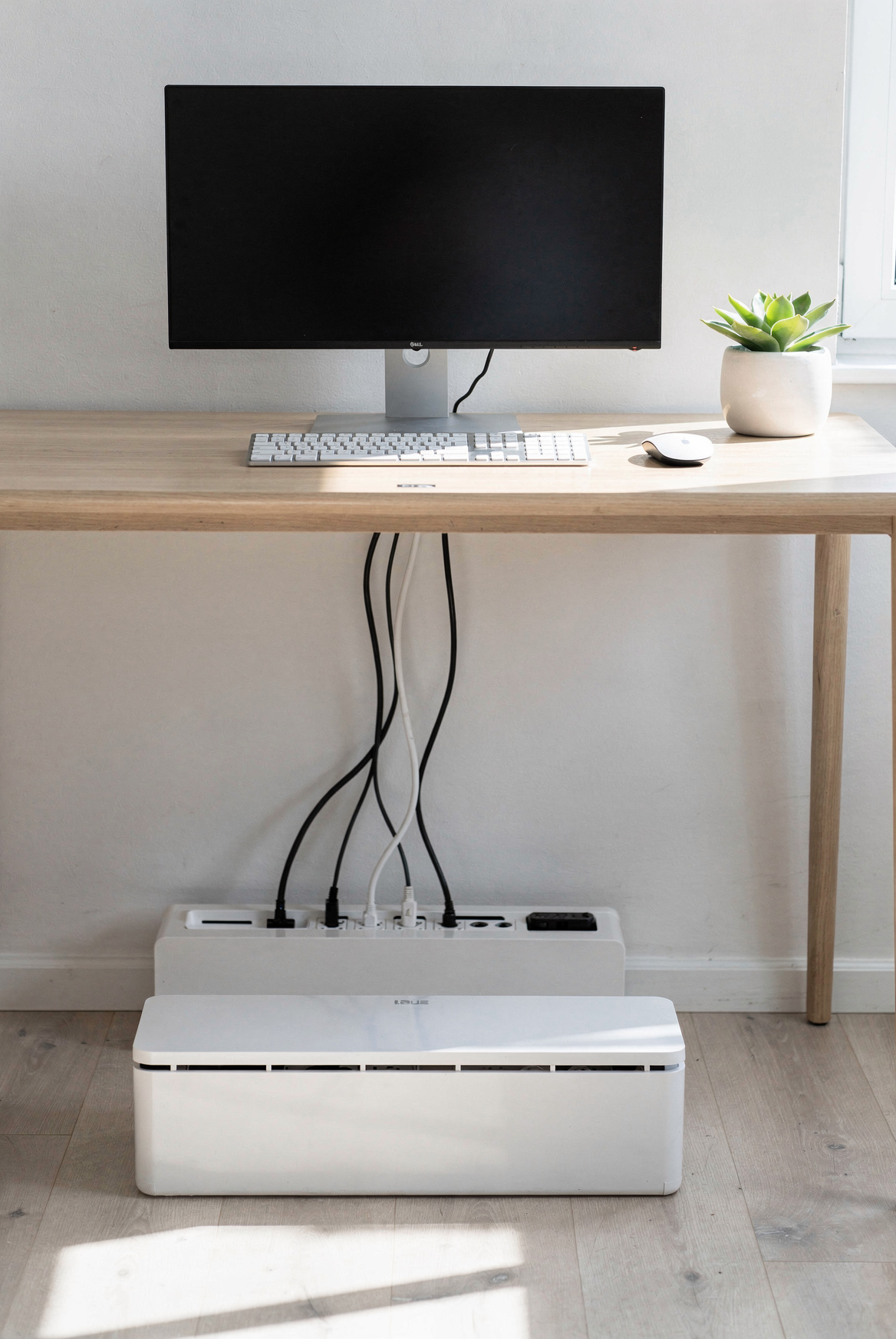 A white cable management box on a wooden desk neatly hiding power strip and cables, a single charging cable emerging from the slot, small ceramic succulent pot beside it, soft morning window light, clean and minimalist