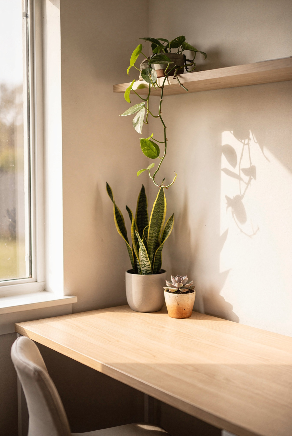 A small live snake plant in a ceramic pot on a light wood desk corner, soft morning window light, editorial still life