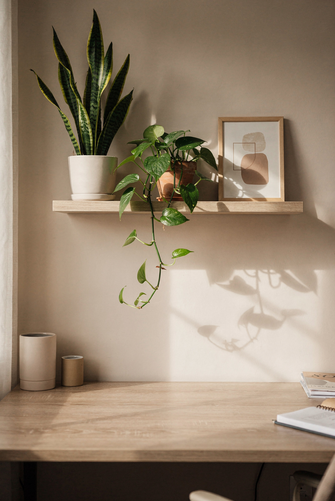 A home office desk with a wooden floating plant shelf above the monitor, snake plant on desk, trailing pothos on shelf, natural morning light, cozy workspace with plants