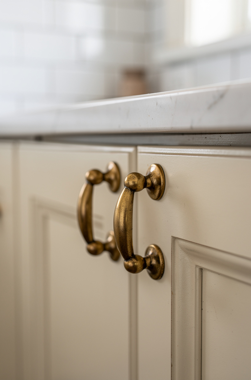 Antique brass cabinet cup pulls on cream shaker cabinets with white subway tile