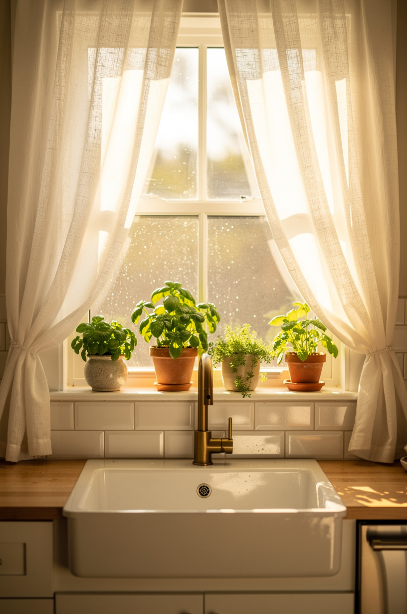 White linen curtains filtering golden light over farmhouse kitchen sink with herb pots