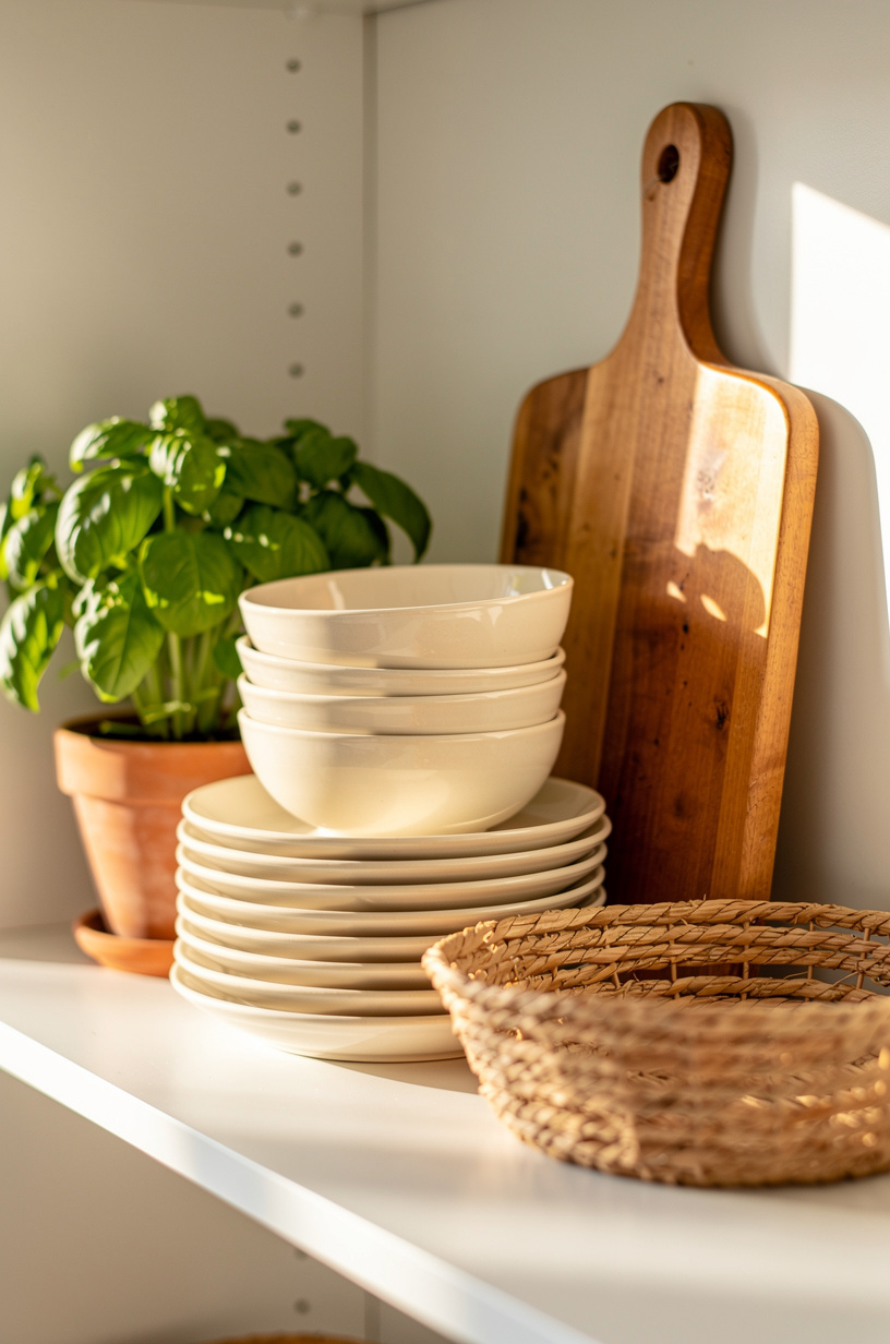 Styled open white kitchen shelf with cream dinnerware, basil in terracotta, wooden cutting board