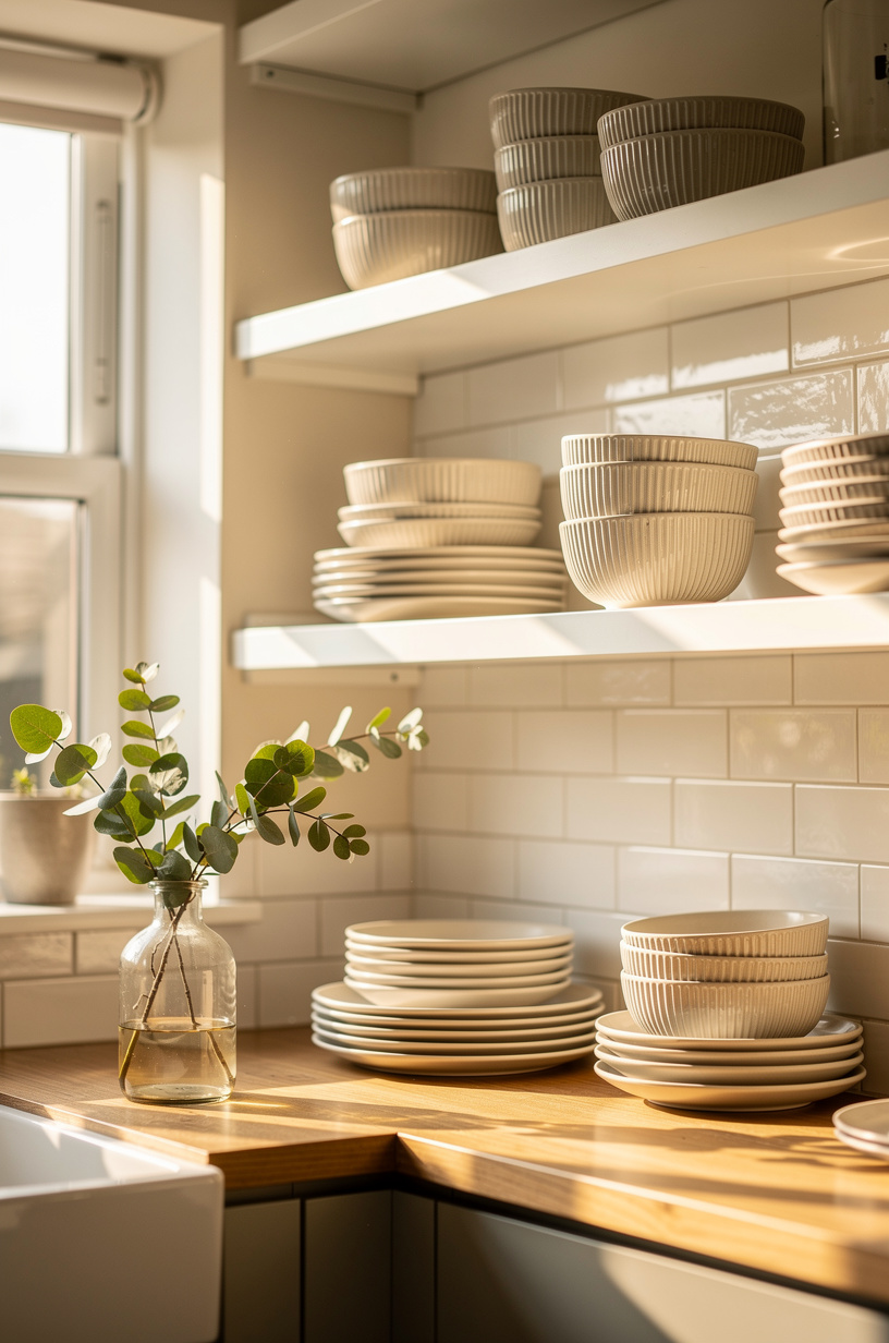 Open white kitchen shelves stacked with cream stoneware plates and bowls