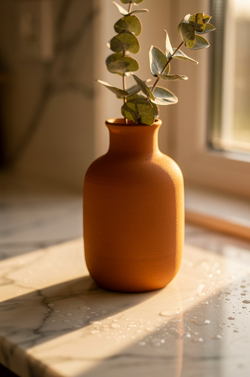 Terracotta ceramic vase on white marble kitchen windowsill with dried eucalyptus branch
