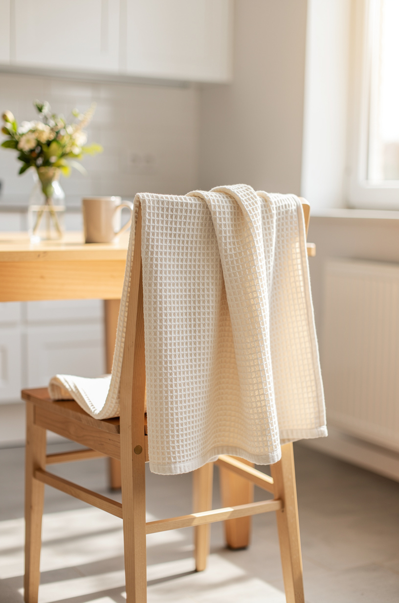 Cream waffle weave throw blanket draped over wooden kitchen chair near window