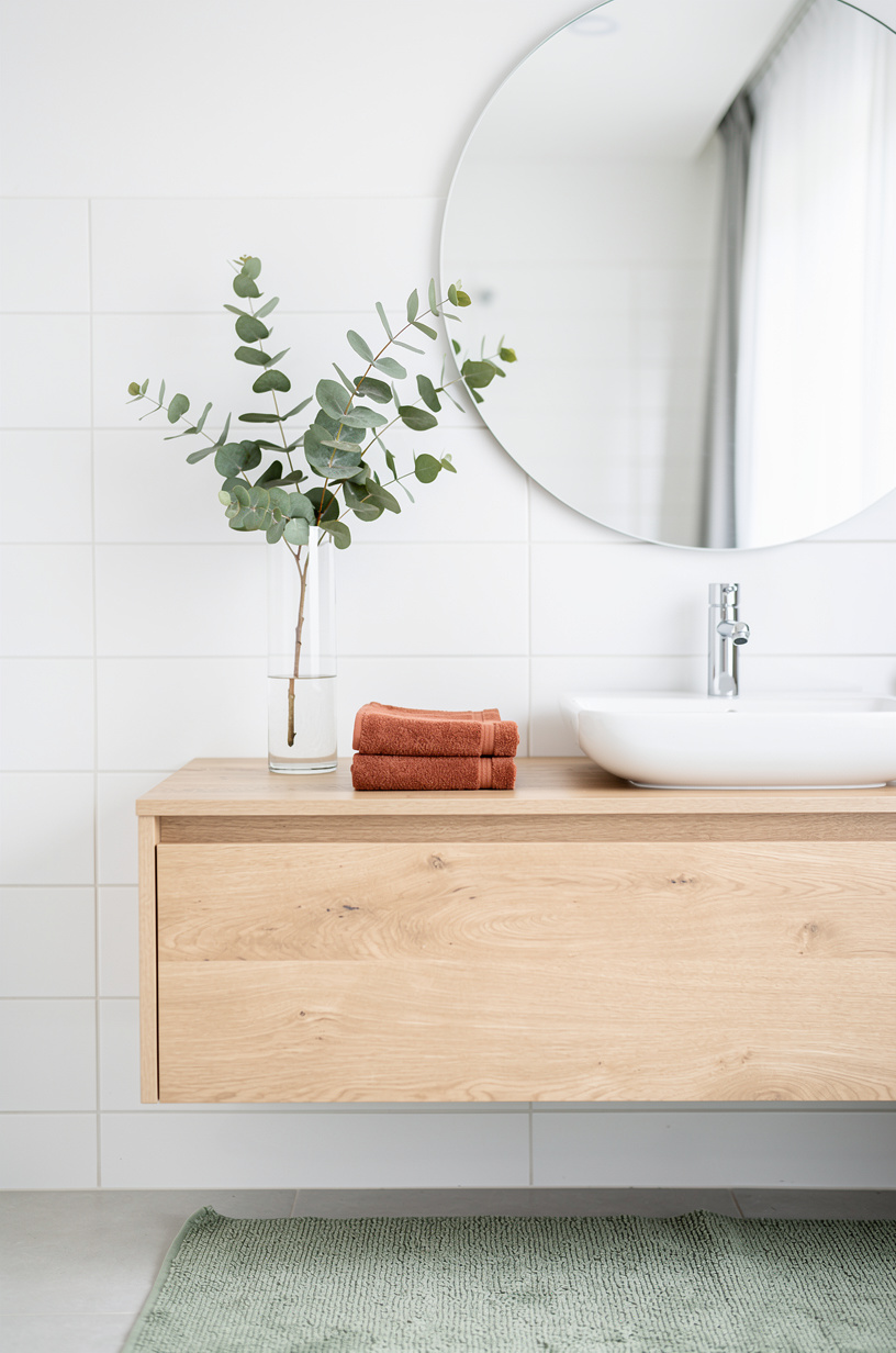 Minimalist white bathroom with one eucalyptus branch in glass vase on wooden vanity, terracotta hand towel, round mirror