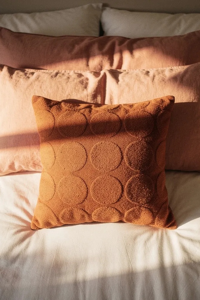 Terracotta circle patterned pillow layered in front of blush pink pillows on bed, warm neutral bedroom