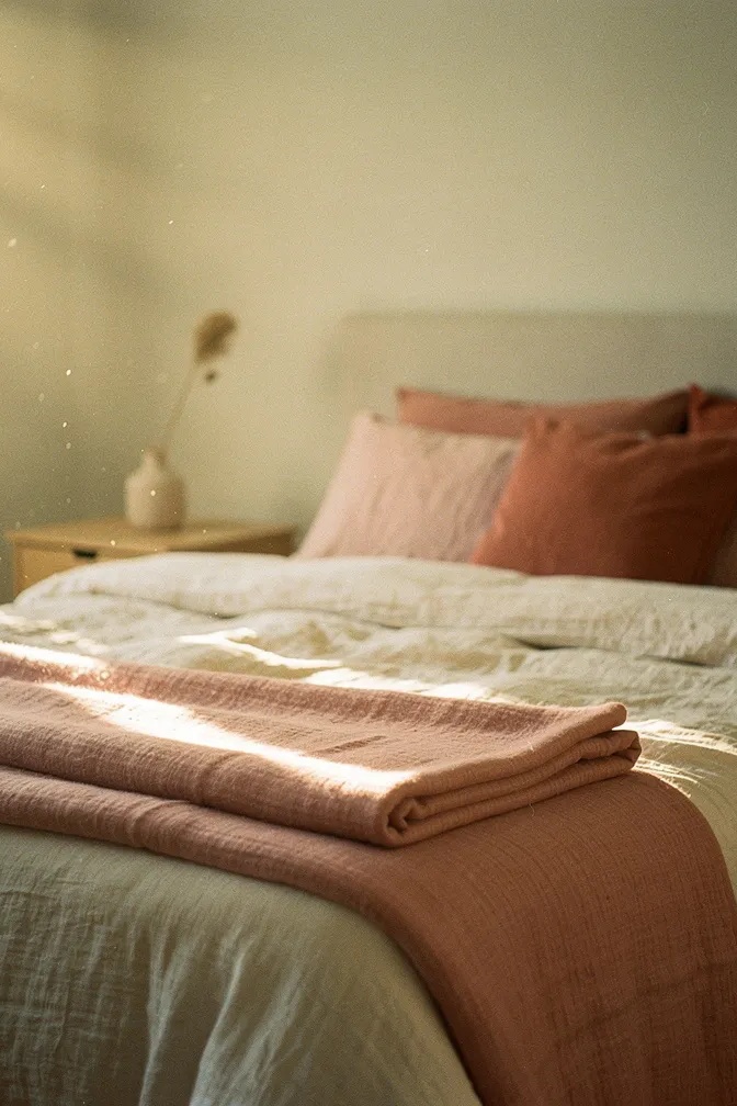Dusty pink oversized throw blanket folded at end of bed, layered pillows in blush and terracotta, warm bedroom lighting
