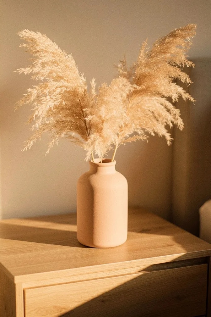 Blush matte ceramic vase with dried pampas grass on wooden nightstand, warm bedroom decor