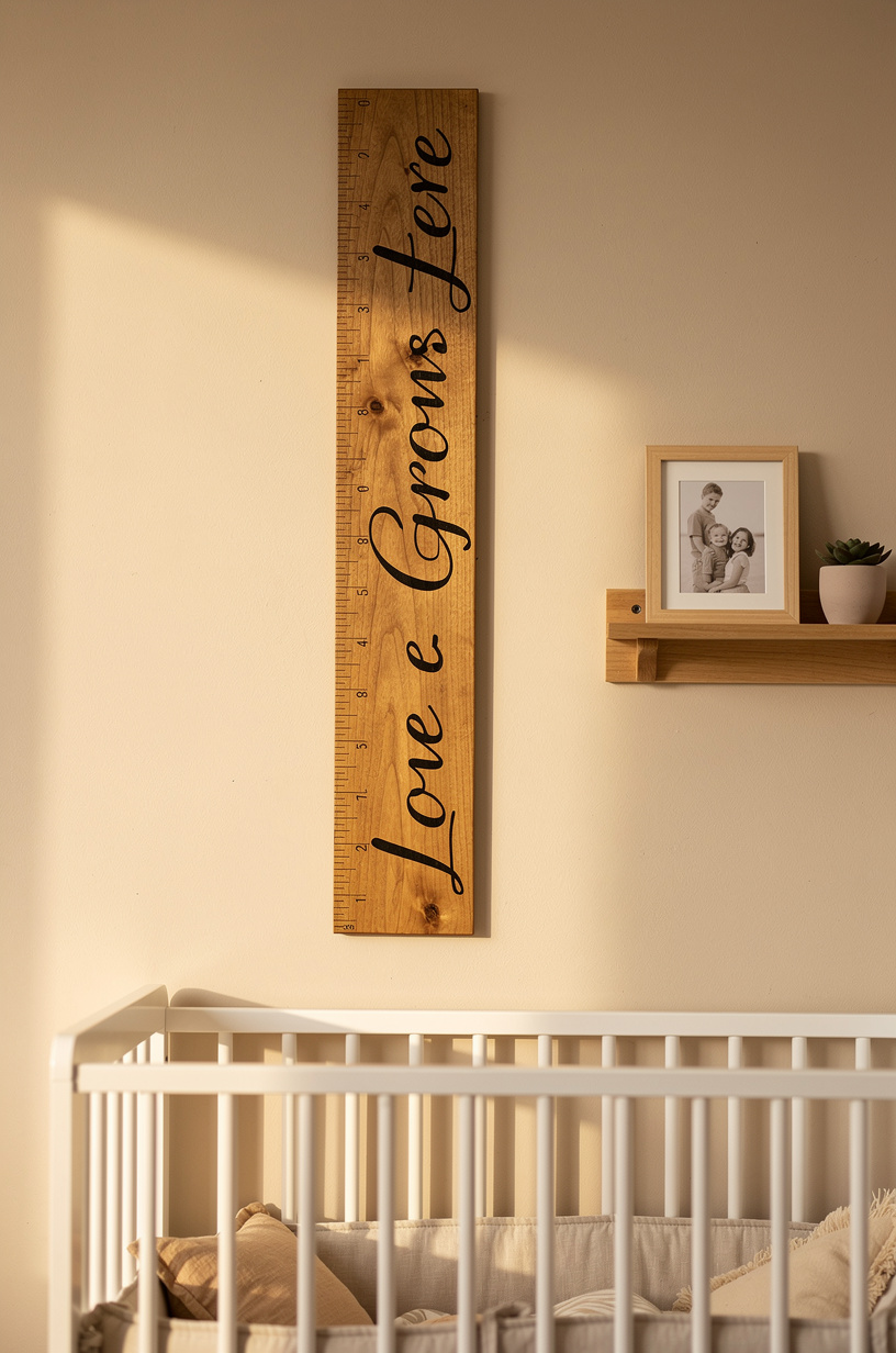 Solid natural wood growth chart ruler with hand-lettered Love Grows Here text hanging on nursery wall, wooden crib visible, warm morning light