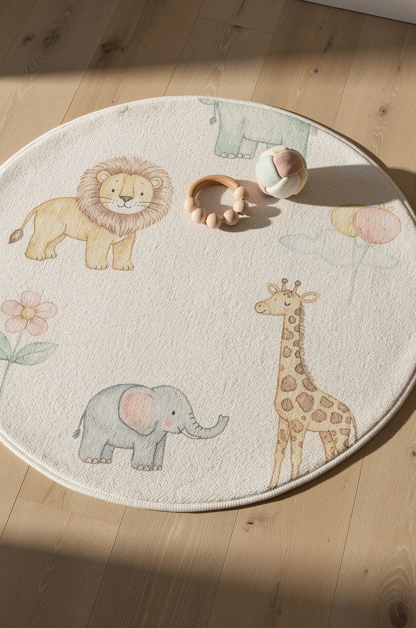 Soft round washable nursery rug with cute animal print on light wood floor, wooden toys scattered, warm afternoon light