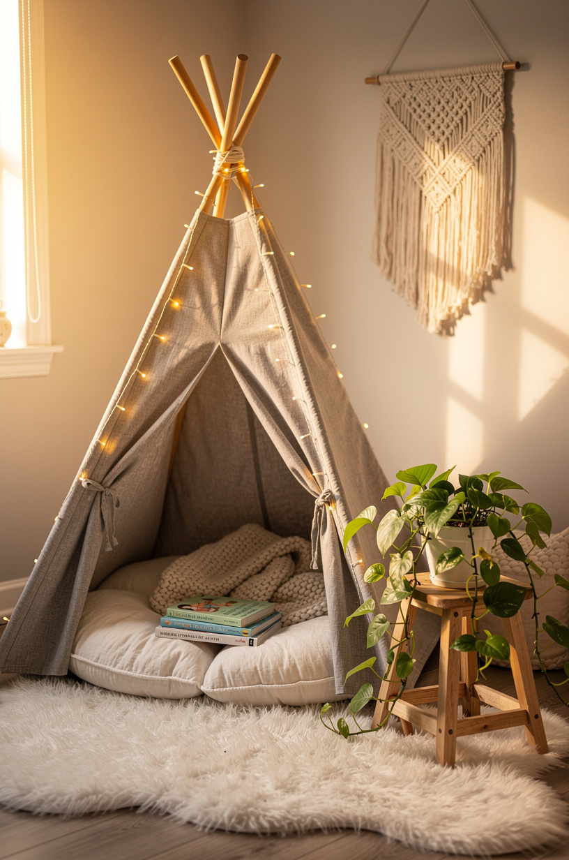 Gray canvas Indian teepee play tent with fairy lights in cozy nursery corner, cotton floor mat with pillow and stuffed animal inside, warm afternoon light