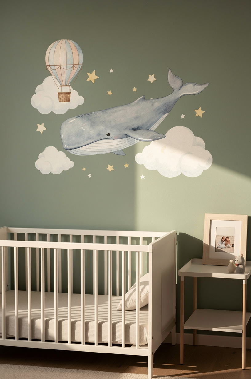 Nursery wall with whale moon and balloon wall decals above white crib, soft sage green walls, dreamy sky and sea theme