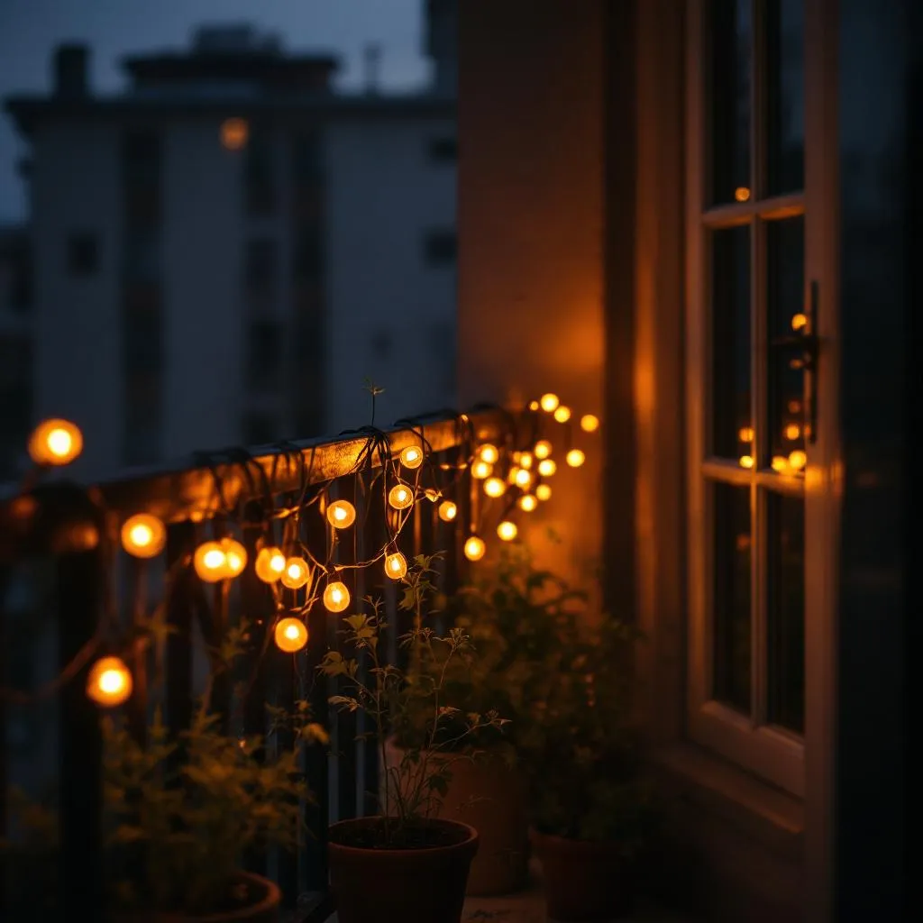 String lights draped over a small apartment porch, warm golden glow, potted plants, cozy evening atmosphere, cinematic interior photography
