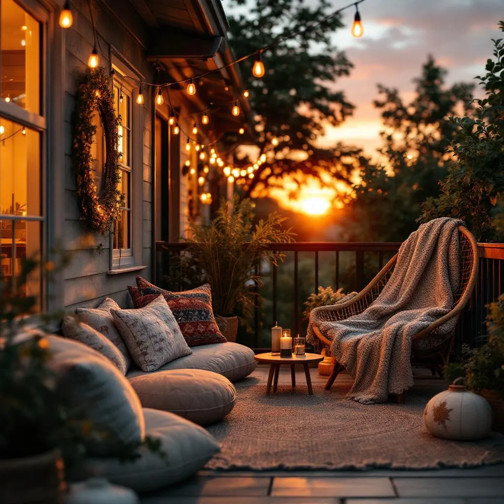 Cozy outdoor seating with layered blankets and cushions on a small balcony, fairy lights, evening sunset, warm tones, cinematic photography