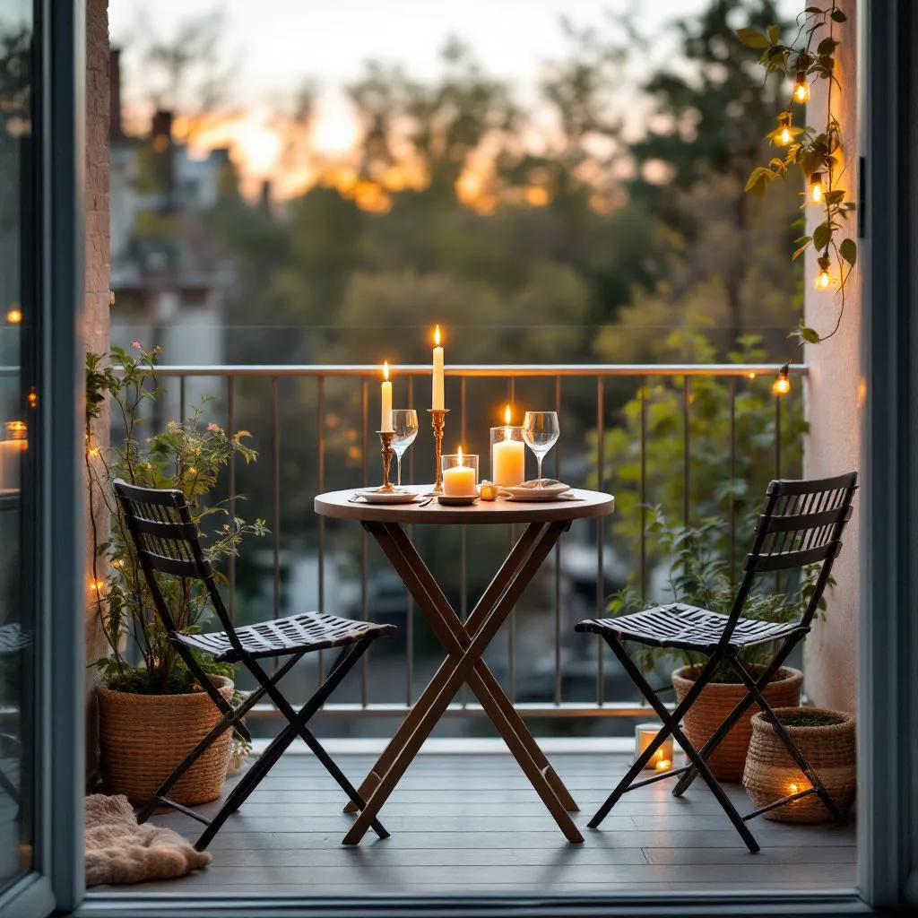 Small bistro table set for two on a patio, candles, greenery, warm ambient lighting, spring evening, cinematic interior photography