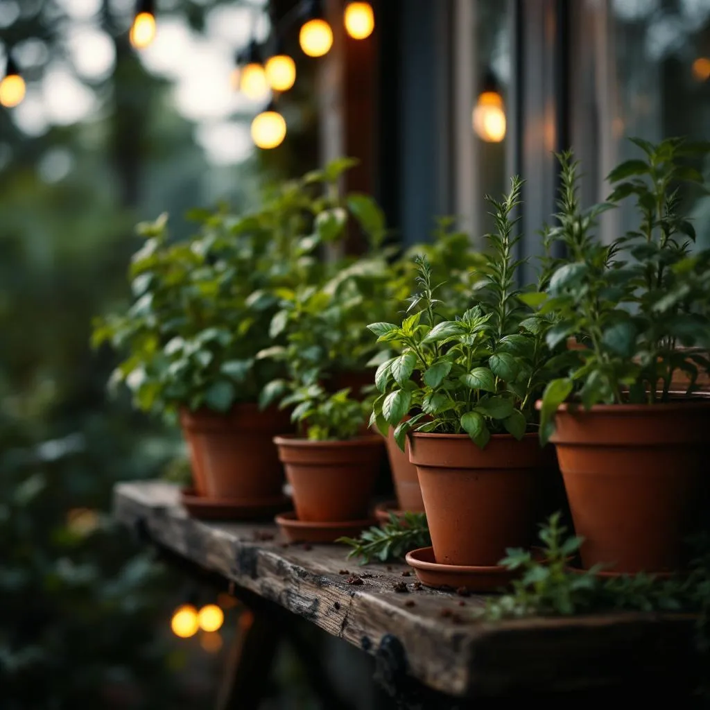 Potted herb garden on outdoor shelf, herbs in terracotta pots, string lights background, warm evening, moody photography