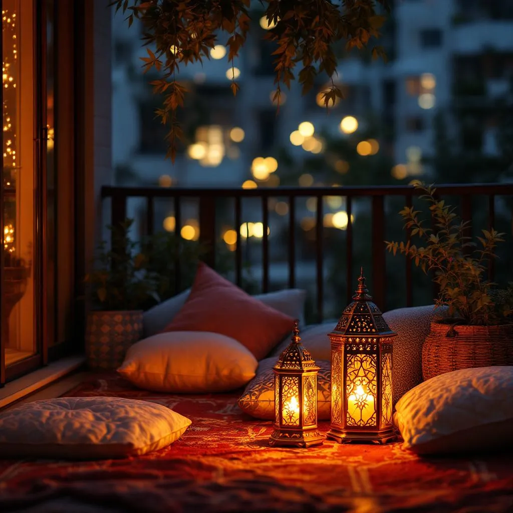 Outdoor floor cushions and lanterns on apartment balcony, Moroccan style, warm candlelight, evening relaxation, cinematic photography