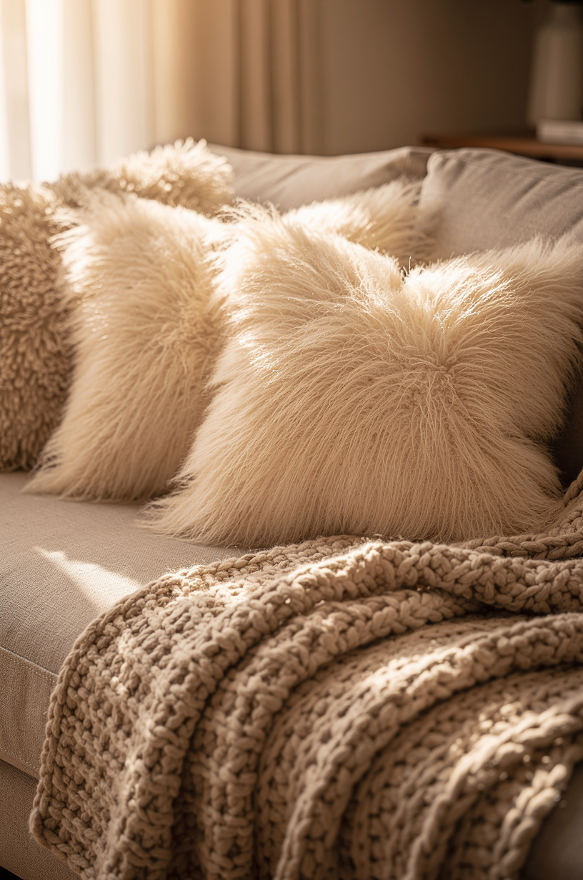 Cream faux fur shearling throw pillows on a warm-toned sofa, cozy blanket draped nearby, textured styling, soft warm natural light, inviting cozy interior